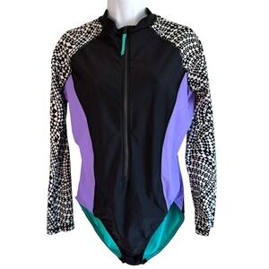 Speedo Womens Long Sleeve Rash Guard Front Zip One Piece Swimsuit Size L